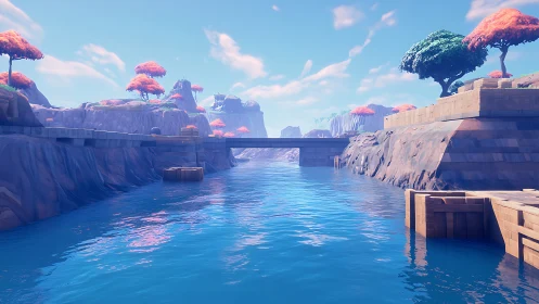 Dreamscape Canyon: Where Pink Trees Crown Infinite Blue Waters.