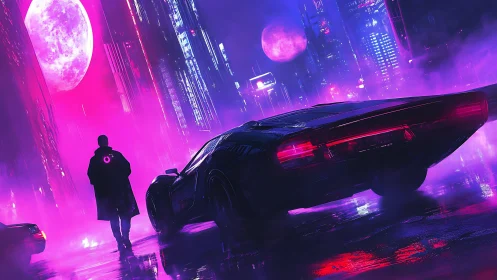 Lone figure walks beside retro car in neon cyberpunk city