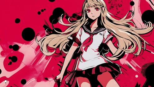 Dynamic anime schoolgirl against high-contrast graphic red field