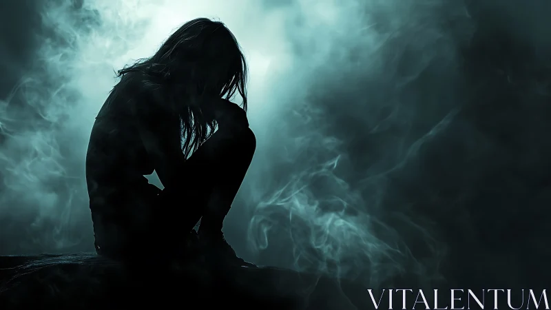 Low-key silhouette portrait in atmospheric teal smoke field.