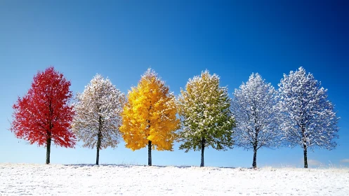 Photorealistic color-spectrum trees on snowy horizon line.