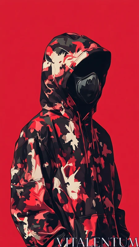 Hooded masked figure in red and black camouflage against red.