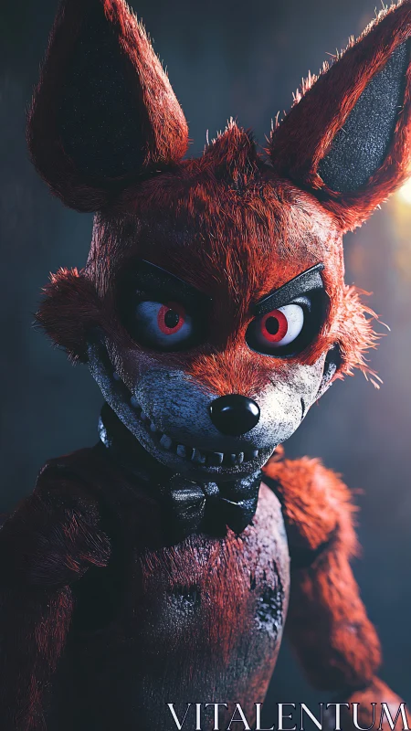 Crimson animatronic fox studies you with a glitchy midnight grin