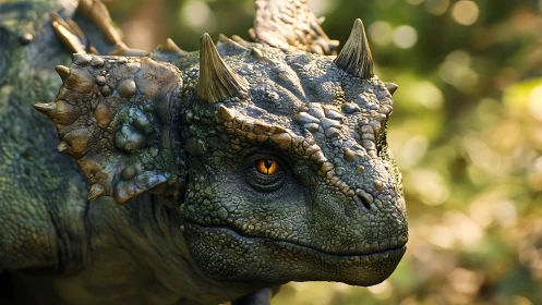 Forest-horned dragonling gazes through amber-lit undergrowth.