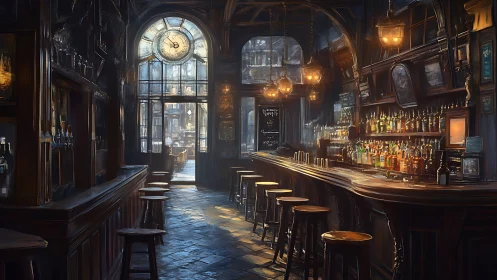 Steampunk Tavern Interior with Arched Clock and Amber Lighting