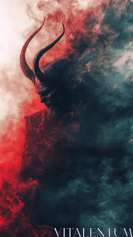 Horned demon emerges from swirling red and teal smoke