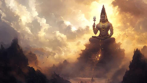 Divine monumental figure of Shiva emerges from radiant clouds