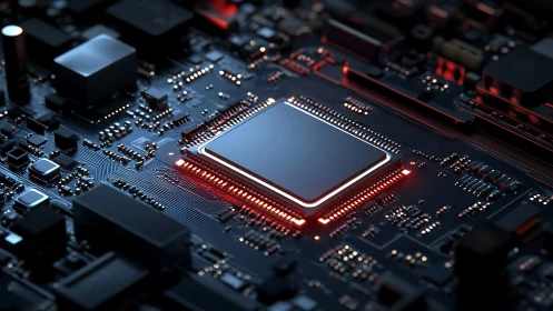 Central processor on illuminated modern circuit board.