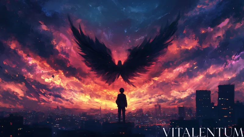 Silhouetted child under vast black wings above burning skyline.