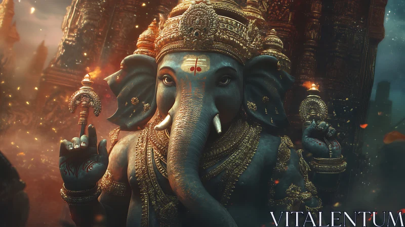 Elephant-headed deity statue with ornate gold adornments.