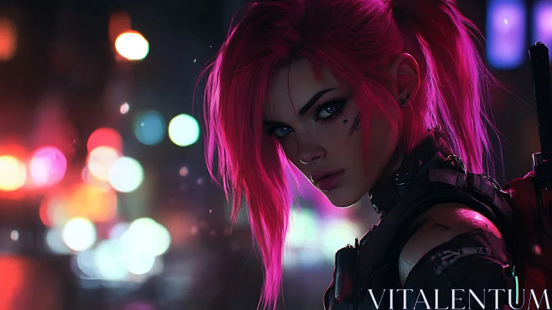 Neon haired cyberpunk sniper studies blurred city lights