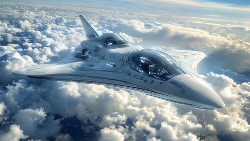 Futuristic aero-spacecraft glides above clouds in photoreal detail