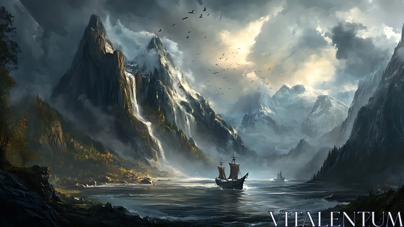 Nordic longship sailing through dramatic glacial fjord at dawn