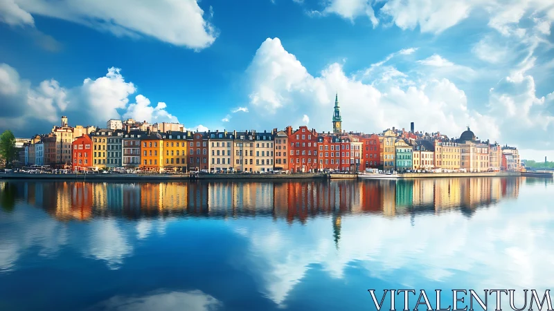 Waterfront row of colorful European buildings and reflections.