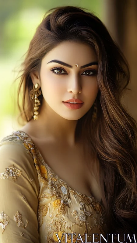 Photorealistic portrait of woman in ornate golden dress.