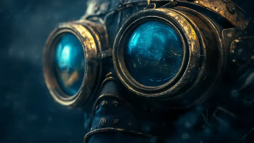 Close-range steampunk respirator goggles with cyan optics.