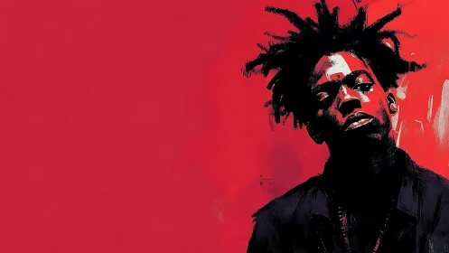 Red-ground digital portrait with stark chiaroscuro profile.