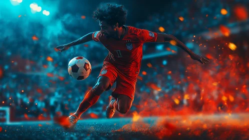 Blazing stadium striker dancing through sparks and twilight.