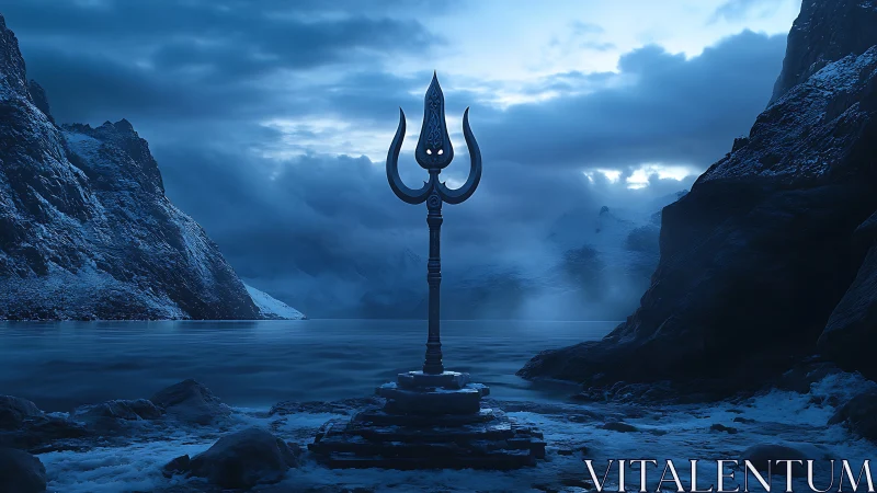 Sacred trident glowing softly in a tranquil icy fjord.