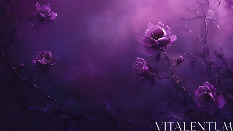 Monochromatic Violet Floral Composition: Stylized Roses Against Atmospheric Gradient.