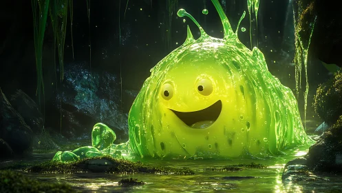 Glowing slime creature smiles inside bioluminescent cave.