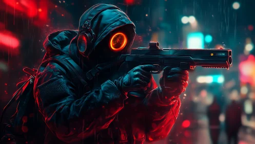 Hooded shooter with neon visor in rainy cyberpunk street.