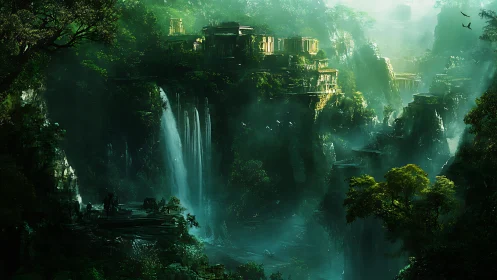 Hidden jungle waterfalls cradle a glowing ancient cliff city