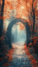 Stone archway on misty forest path in autumn light.