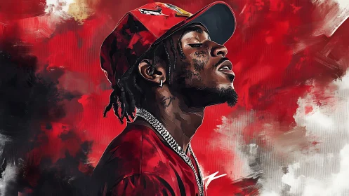 Crimson rap reverie with a dreamer crowned in urban light.