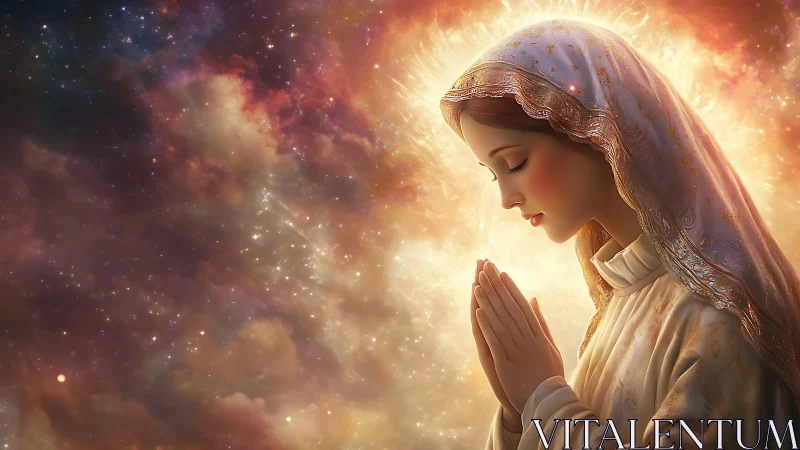 Star-kissed praying maiden crowned in radiant cosmic hush.