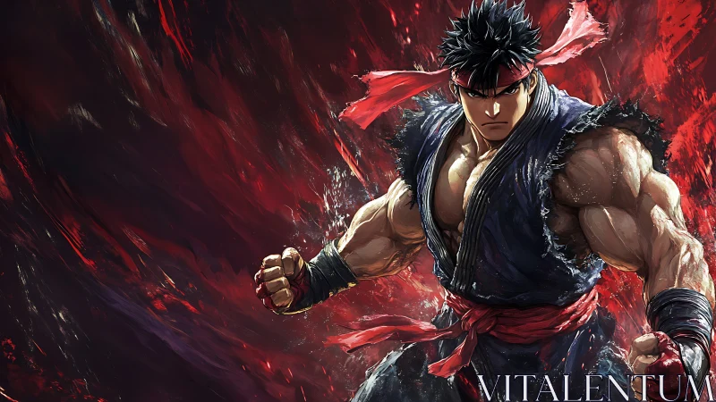 Fierce martial artist rising through a storm of crimson flame.