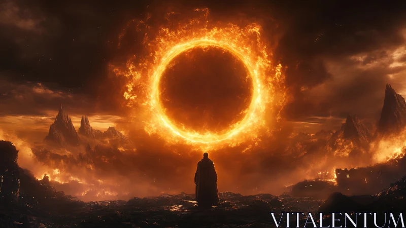 Fiery celestial ring looms over lone cloaked wanderer.