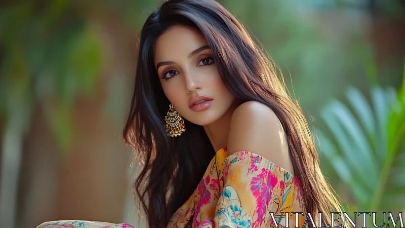 Sunlit muse draped in florals and soft tropical whispers.