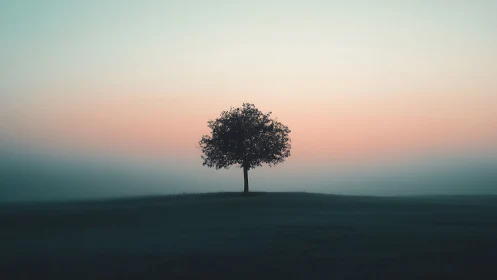 Photorealistic lone tree on horizon under pastel dawn sky.