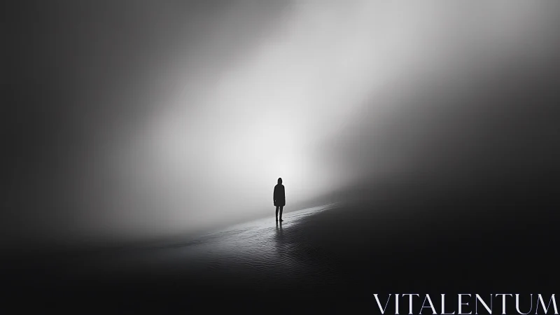 Solitary human figure in high contrast foggy landscape.