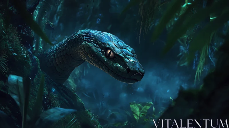 Gentle serpent watching quietly in a misty moonlit jungle.