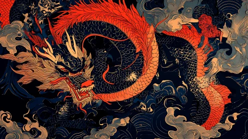 Inferno-scaled sea dragon coils through storm-torn night sky.