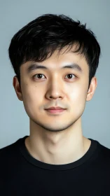 Studio portrait of young man in black shirt, neutral gaze.