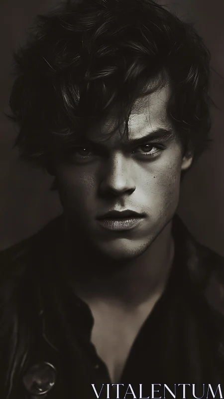 Moody monochrome portrait of young man in leather jacket.