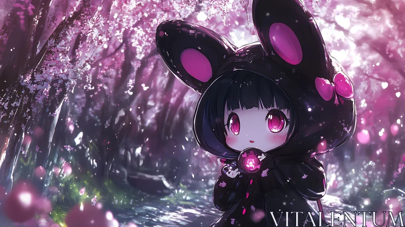 Chibi girl in bunny cloak wanders a glowing cherry forest
