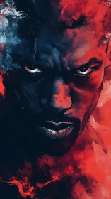 Intense dual-tone portrait merges fire and shadowed resolve.