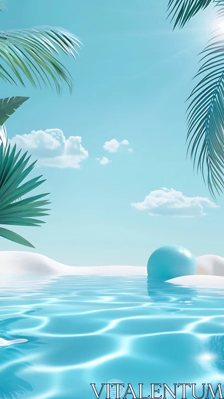 Minimal tropical poolscape with cyan sphere and dunes.