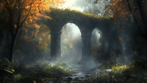 Ancient stone archway spans misted forest river in backlight