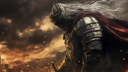 Armored knight with red cloak in fiery stormy landscape.