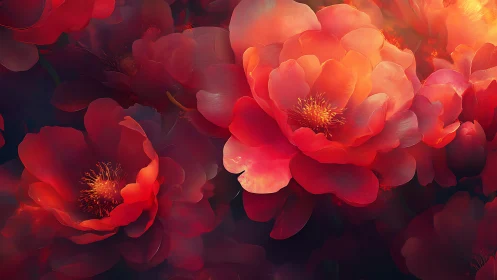 Red and orange peonies with golden stamen centers arranged densely together
