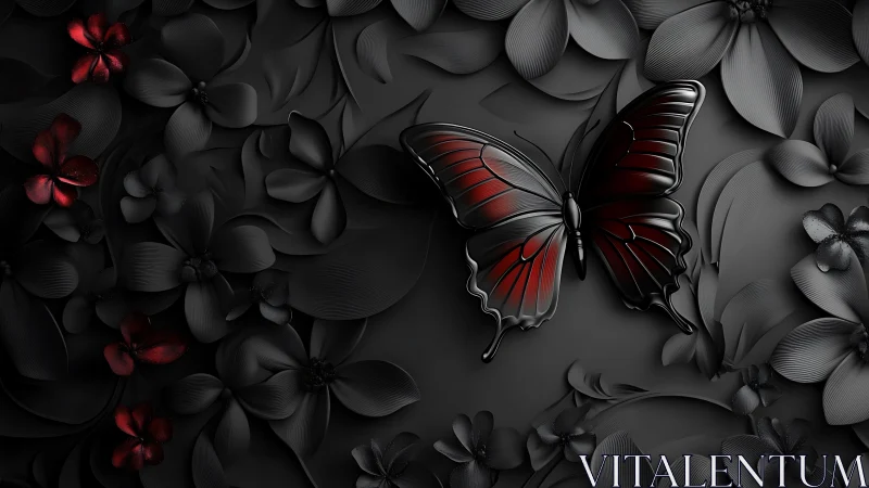 Scarlet butterfly rests amid sculpted black floral shadows