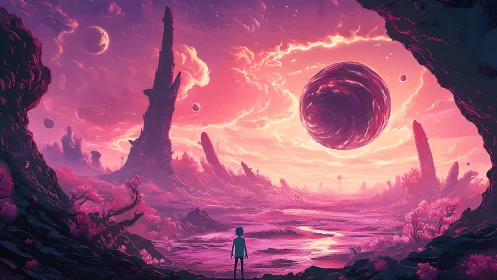 Silhouetted figure observing alien landscape with vortex sphere.