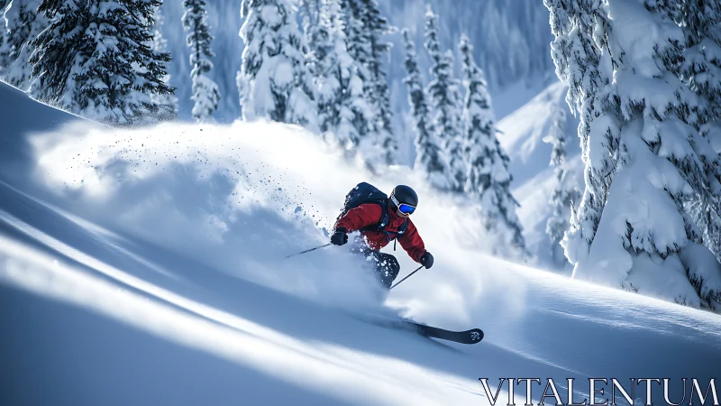 Expert skier carving dynamic line through deep alpine powder