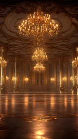 Ornate illuminated ballroom interior displays chandeliers and columns