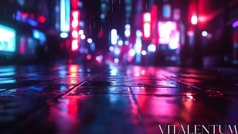 Neon city street at night with wet reflective pavement surface.